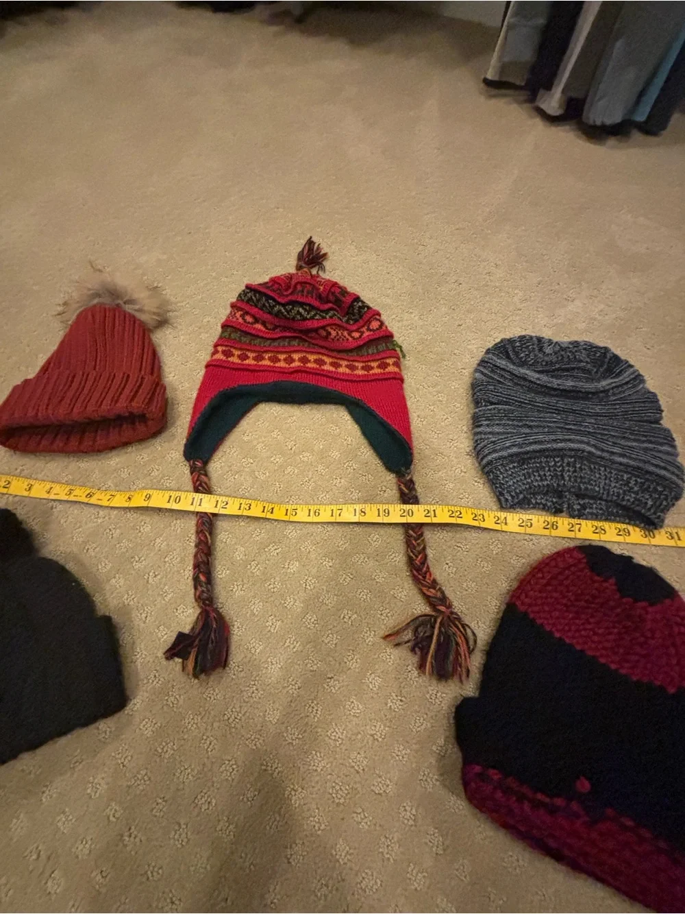 Lot of 7 Knit Beanies and Earflap Hat - Red, Gray, Black, Orange